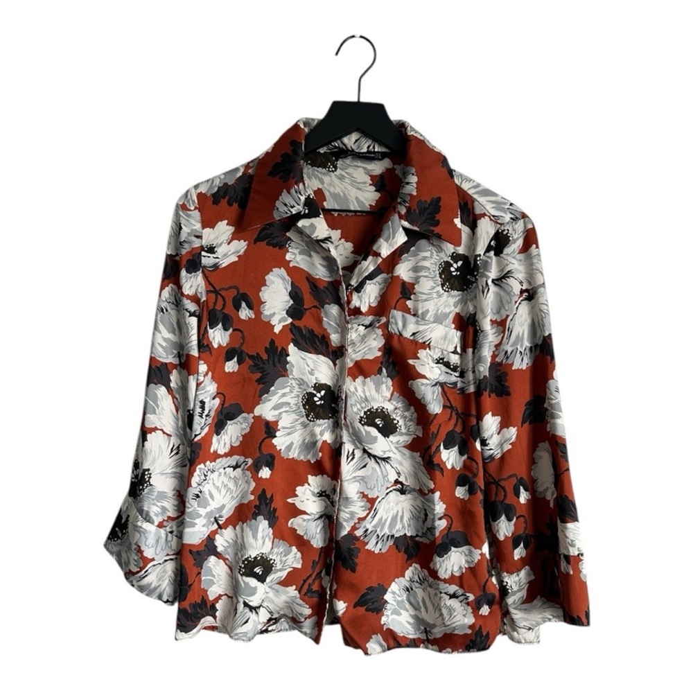 ZARA Orange Floral Satin Button Up Shirt